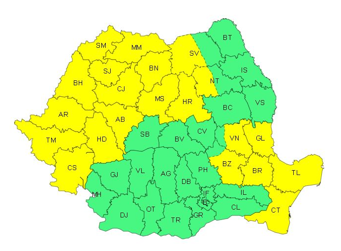 Cod galben de averse și intensificări ale vântului. Zonele afectate