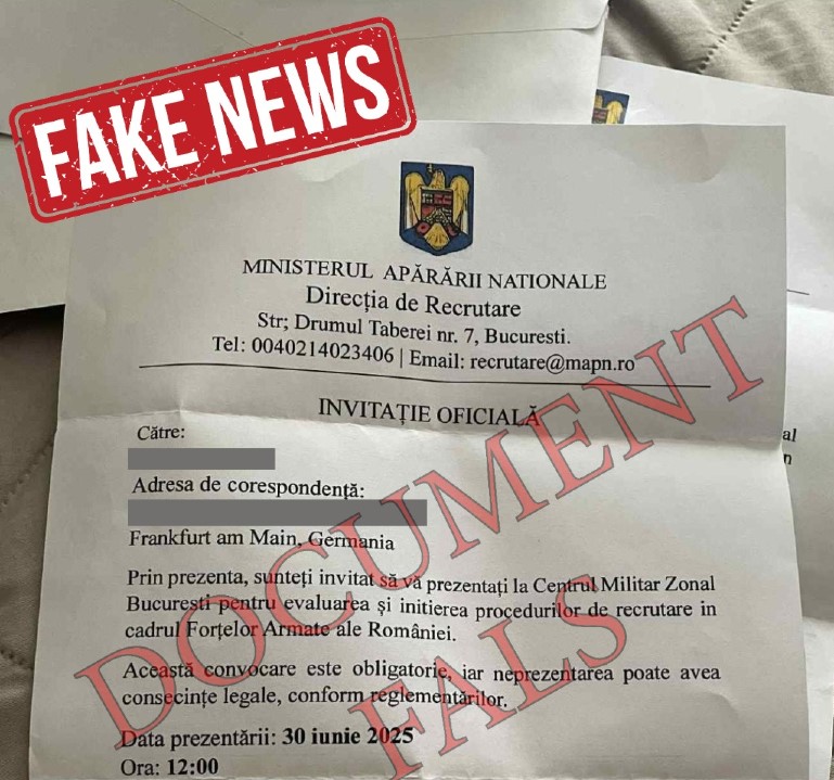 FAKE NEWS grosolan! Documente false prin care românii din diaspora sunt anunțați că vor fi recrutați în armată